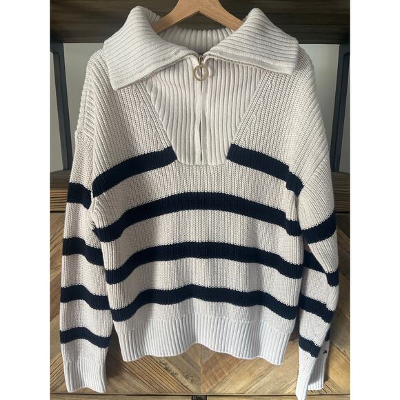 Tommy Hilfiger Chunky Cableknit Quarter Zip Striped Sweater Navy Cream Large - Picture 4 of 6